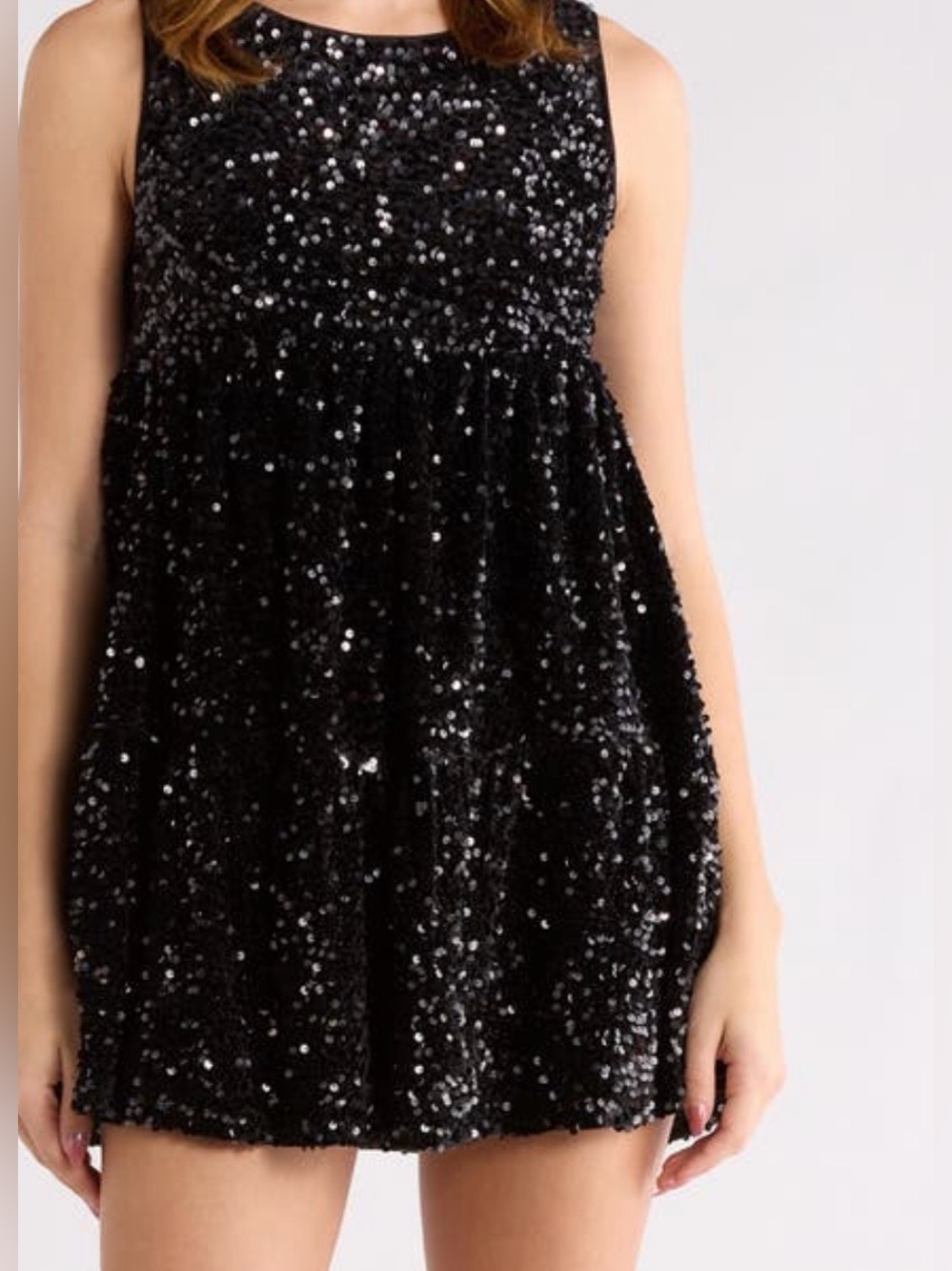 Black Sequin Babydoll Mini Dress | Sleeveless Party Cocktail Dress